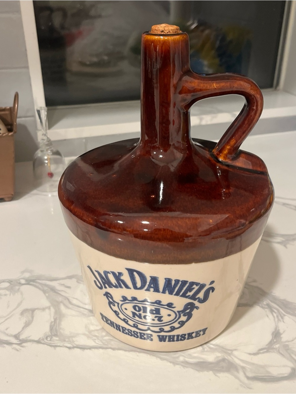 Jack Daniels Brown, Cream and Blue Ceramic Whiskey Jug with Handle
